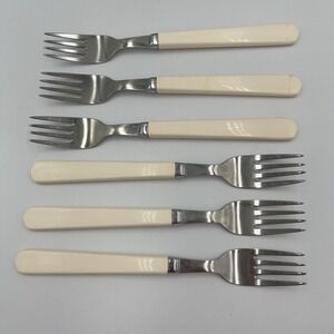 Vintage Billam Sheffield England Stainless Cutlery Set Six Forks White Handles